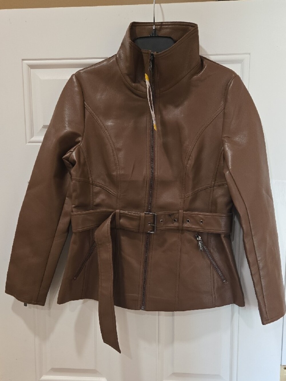 Kenneth Cole Brown Belted Leather Jacket